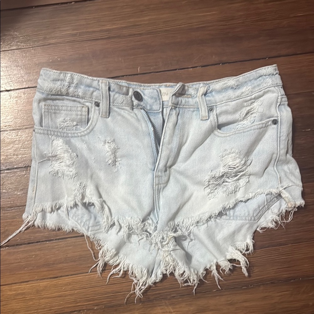 Blue Distressed Jean Shorts with Frayed Hem